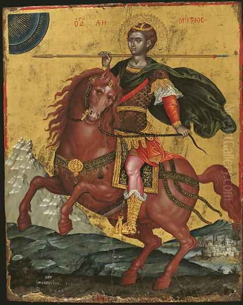 Icon of St Demetrios on Horseback, 1672 Oil Painting by Emmanuel Tzanes