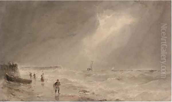 Fishermen on the beach, a swell brewing offshore Oil Painting by Edward Tucker