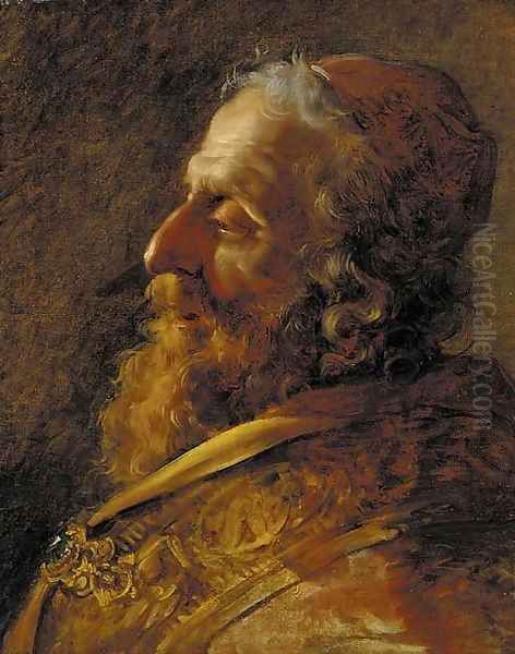 Study for the head of a Rabbi, bust-length, in profile, in a red robe with a jewelled clasp Oil Painting by Hugues Taraval