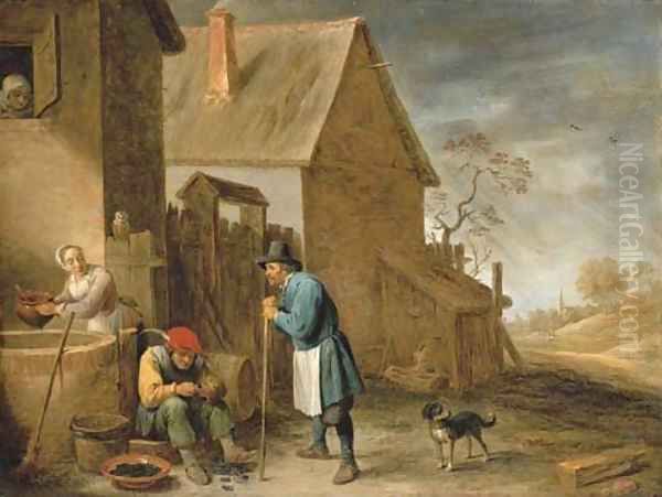 A peasant eating mussels at a farm, with a woman at a well and a man with his dog, a landscape with a church beyond Oil Painting by David III Teniers