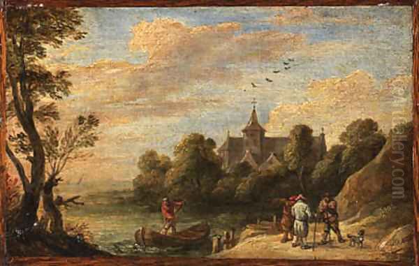 A landscape with peasants by a landing stage and a man in a boat, a church beyond Oil Painting by David III Teniers