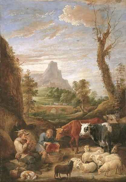 A pastoral landscape with a shepherd playing a pipe with cattle and sheep Oil Painting by David III Teniers