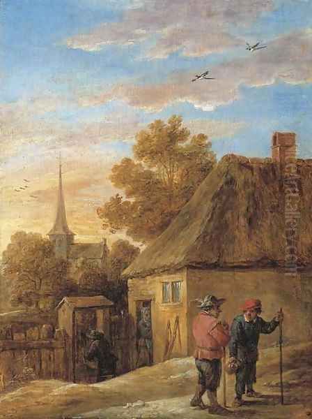 Peasants conversing by a house with a church beyond Oil Painting by David III Teniers