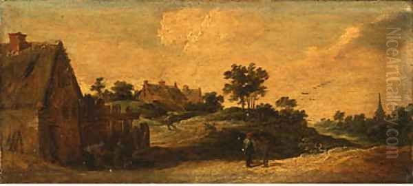 Peasants talking on a path, a washerwoman before a house, a church beyond Oil Painting by David III Teniers