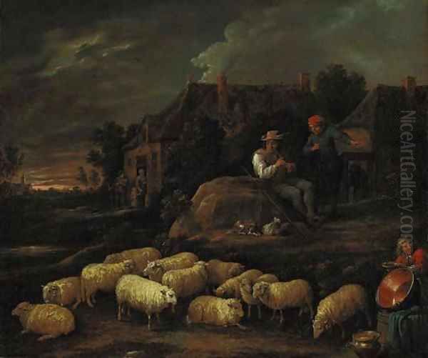 Shepherds with their flock by a village Oil Painting by David III Teniers