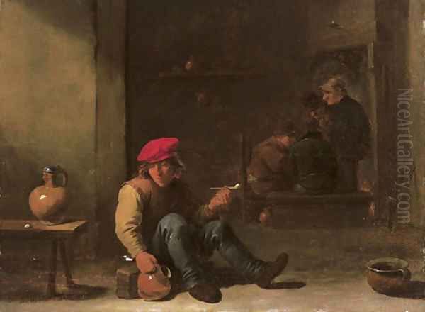 A boor holding a pipe and jug seated in an interior with other peasants conversing in the background Oil Painting by David III Teniers