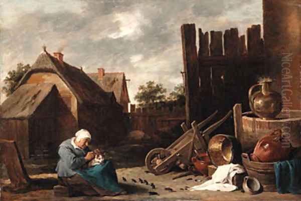 A cat tended by an old woman being teased by rats in a farmyard Oil Painting by David III Teniers