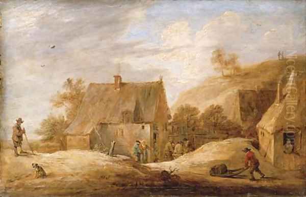 A village landscape with peasants outside a cottage and a traveller on a path Oil Painting by David III Teniers