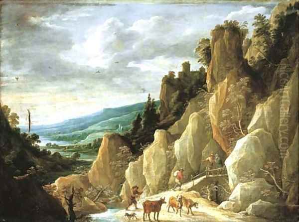 An extensive landscape with a herdsman and cattle and travellers crossing a bridge Oil Painting by David III Teniers