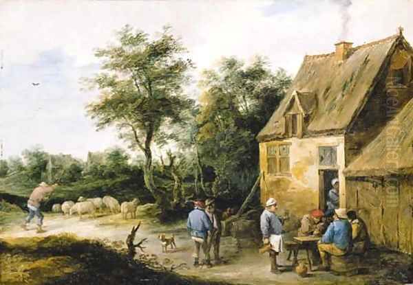 Peasants drinking before a roadside inn in a wooded landscape, with a shepherd and his flock nearby Oil Painting by David III Teniers