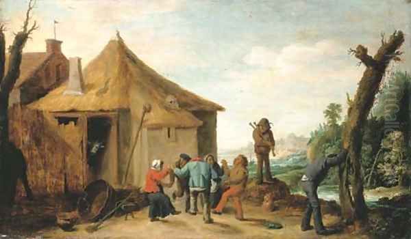 Peasants merrymaking by a cottage, a river beyond Oil Painting by David III Teniers