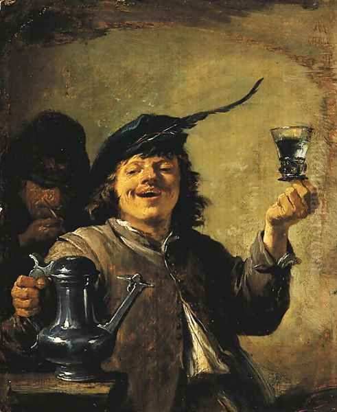 The Sense of Taste A man raising a glass, a man smoking behind Oil Painting by David III Teniers