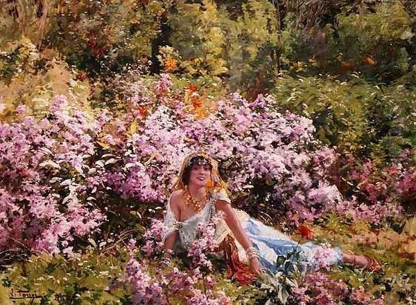 Algerian beauty in a lilac field Oil Painting by Leon Louis Antoine Tanzi