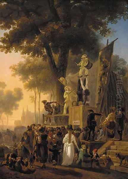 A park in Paris with a crowd watching a performance of the Commedia dell'arte, a view of the Conciergerie beyond Oil Painting by Nicolas Antoine Taunay