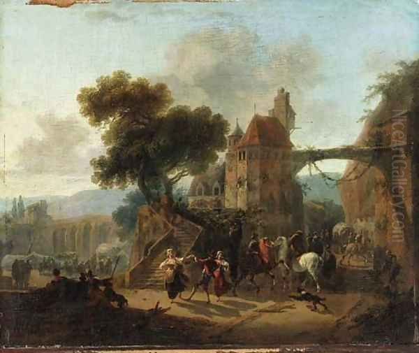 Villagers dancing by a gatehouse, an aqueduct beyond Oil Painting by Nicolas Antoine Taunay