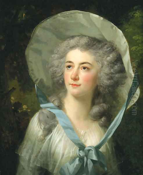 Portrait of Henrietta Cozens (1767-1829), bust-length, in a white dress and a white hat tied with a blue ribbon Oil Painting by Friedrich Tischbein