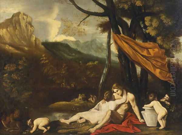 Landscape with an erotic scene Oil Painting by Pietro Testa