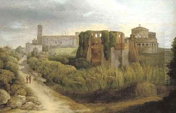 The Via Nomentana, with the churches of Sant'Agnese fuori le mura and Santa Constanza Oil Painting by Francis Towne