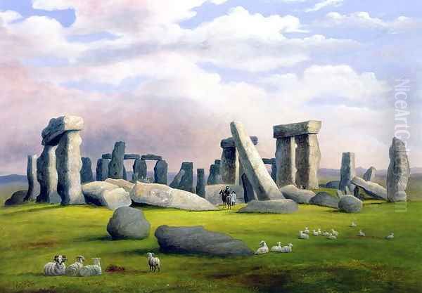 Sheep Grazing, Stonehenge, Wiltshire Oil Painting by Richard Tongue