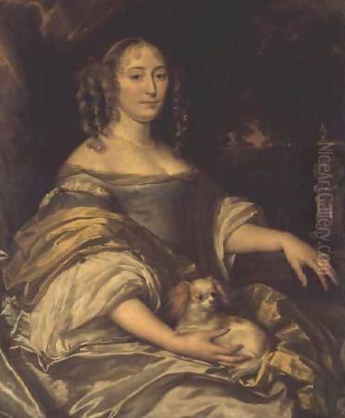 Portrait of a young lady in blue dress with lapdog Oil Painting by Abraham van den Tempel