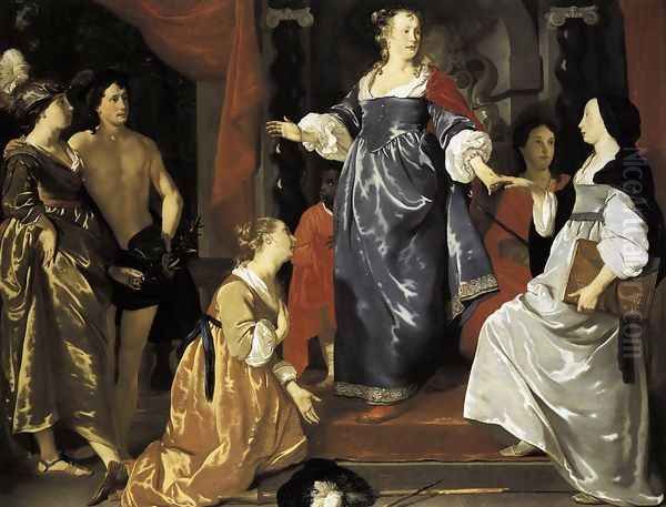 The Maid of Leiden Welcomes 'Nering' 1651 Oil Painting by Abraham van den Tempel