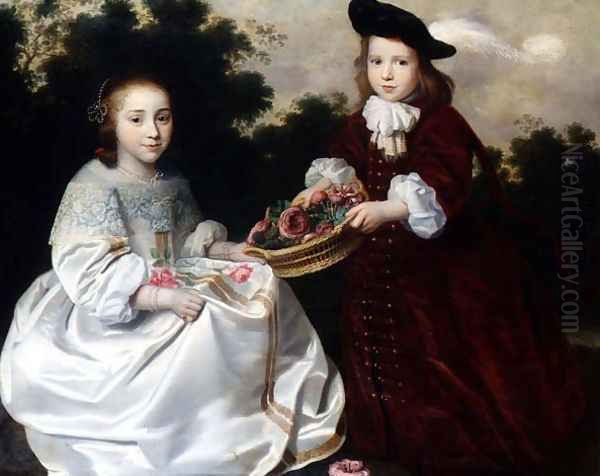 Two Children in a Landscape Oil Painting by Abraham van den Tempel