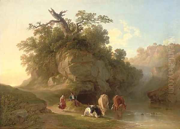 Drover and cattle beside a pool Oil Painting by John F Tennant