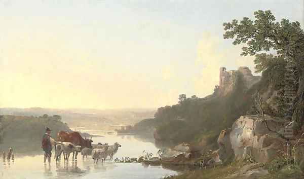 A wooded river landscape with a shepherd and his cattle in the foreground, a castle beyond Oil Painting by John F Tennant