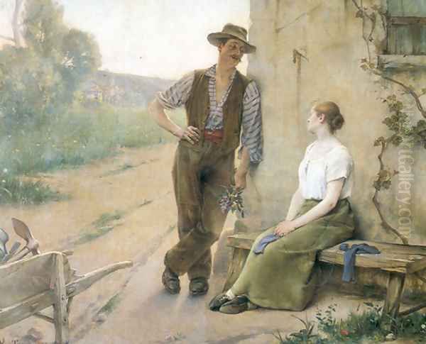 Peasant Couple in Farmyard Oil Painting by Henri Adriene Tanoux