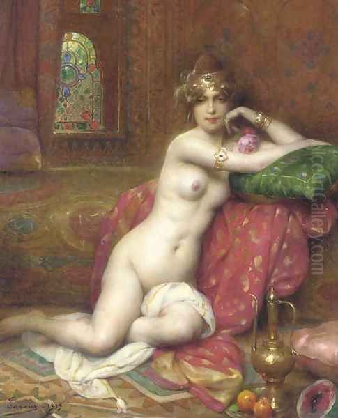 An Oriental Beauty in an Interior Oil Painting by Henri Adriene Tanoux