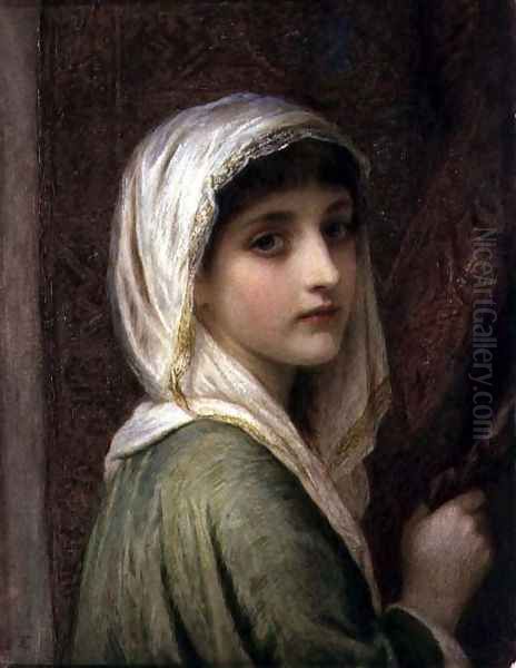 Girl in a white and gold headscarf Oil Painting by Edward Tayler