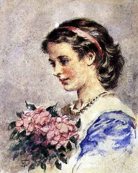 Young Girl with a Bunch of Pink Flowers Oil Painting by Edward Tayler