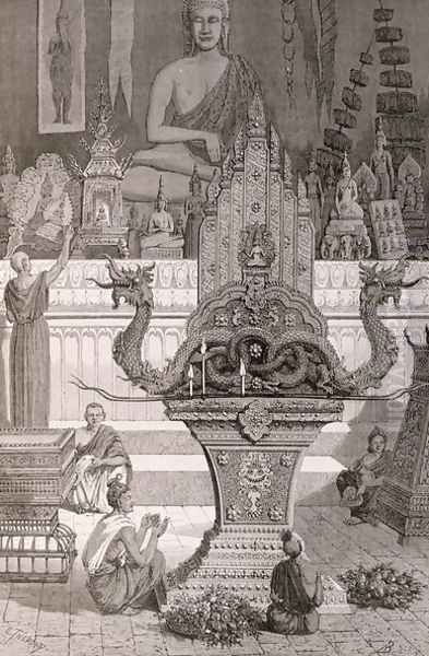 Interior of the Pagoda with Ancient-Antique Candle Stands at Xieng Cang, book illustration from A Journey of Exploration in Indo-China, pub. c.1873 Oil Painting by Therond, Emile Theodore