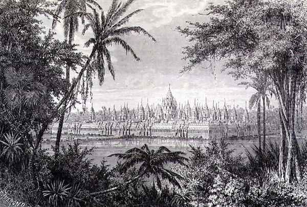 Angkor Thom showing the restoration of the Monument with Fifty Four Towers or Baion, engraved by J. Gauchard, book illustration from A Journey of Exploration in Indo-China, pub. c.1873 Oil Painting by Therond, Emile Theodore