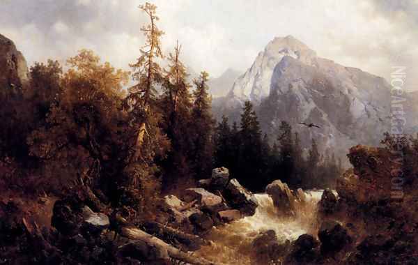 A Mountainous River Landscape Oil Painting by Josef Thoma