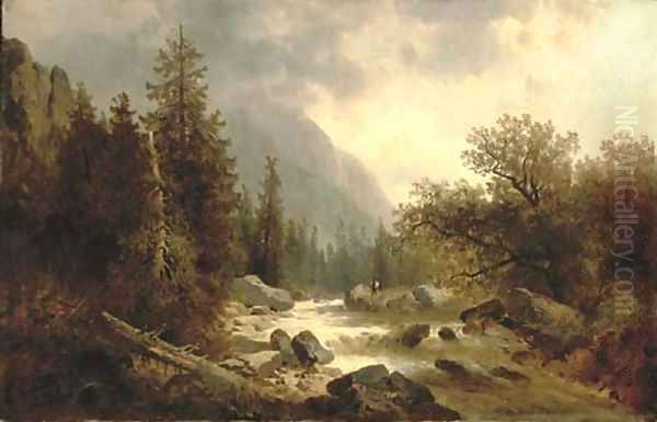 Fishing in an alpine landscape Oil Painting by Josef Thoma