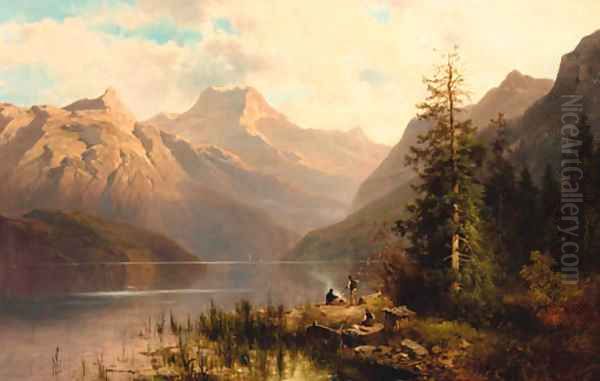 Travellers on the lakeside in a mountainous landscape Oil Painting by Josef Thoma