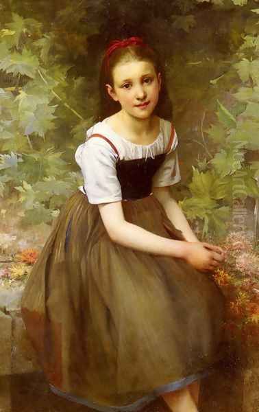 Une Jeune Fille Aux Fleurs (A Girl with Flowers) Oil Painting by Charles Victor Thirion