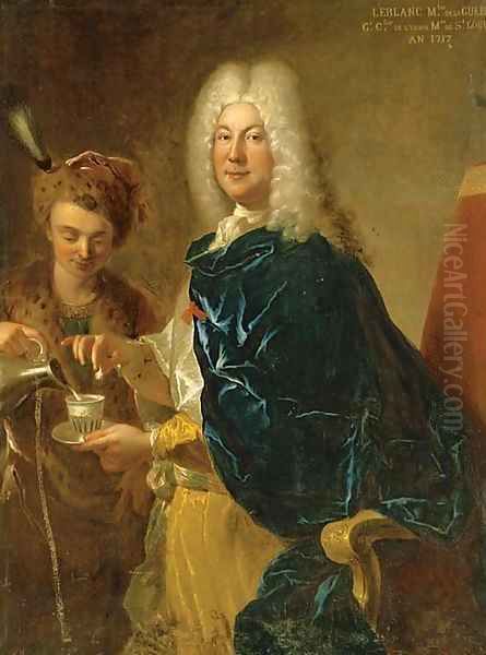 Portrait of Le Blanc, Minister of War, three-quarter-length, being served chocolate by a young male servant Oil Painting by Francois de Troy