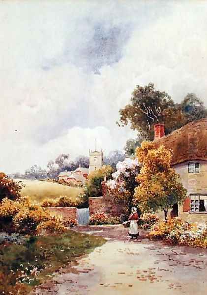 A Country Cottage and Church Oil Painting by F.H. Tyndale