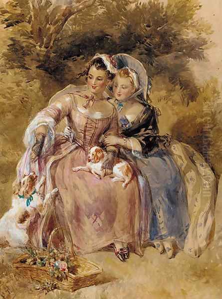 Two young ladies seated in a wooded landscape with two King Charles spaniels Oil Painting by John Frederick Tayler