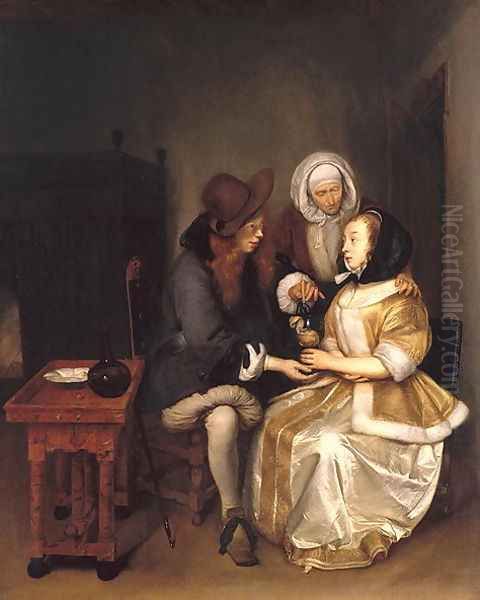 An Interior with a Couple and a Procuress- The Glass of Lemonade Oil Painting by Gerard Terborch