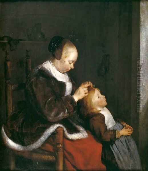 Mother Combing the Hair of Her Child Oil Painting by Gerard Terborch