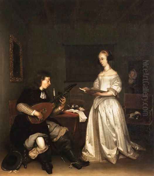 The Duet Singer and Theorbo Player Oil Painting by Gerard Terborch