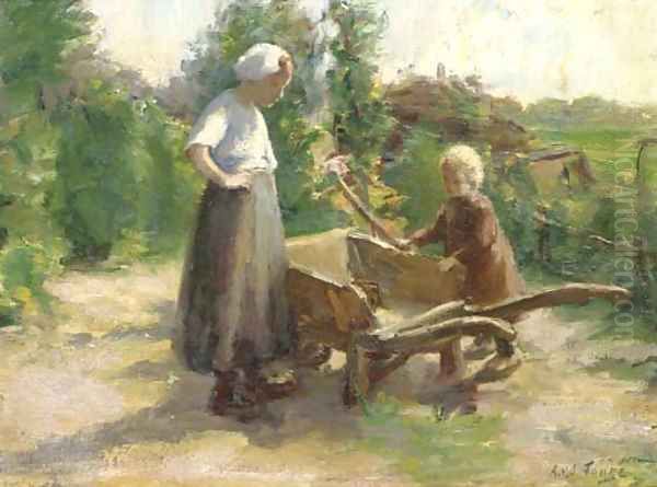 Helping mother in the garden Oil Painting by Lammert Van Der Tonge