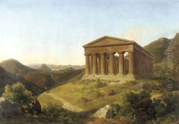 A mountainous landscape with a view of the Temple of Segesta, Sicily Oil Painting by Lancelot Theodore Turpin De Crisse