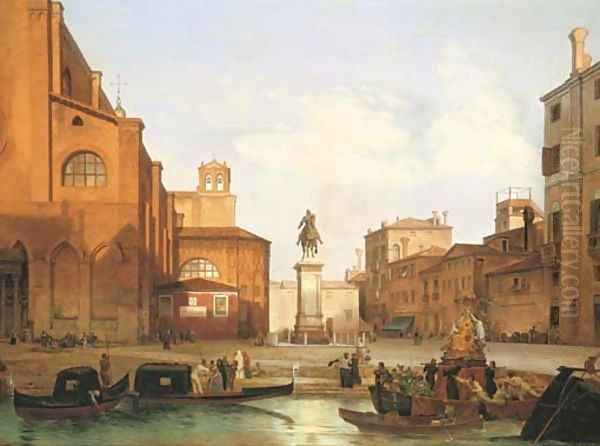 Venice preparations for a festival at the Campo di SS Giovanni e Paolo, looking north-east, with the equestrian monument to Bartolomeo Colleoni Oil Painting by Lancelot Theodore Turpin De Crisse