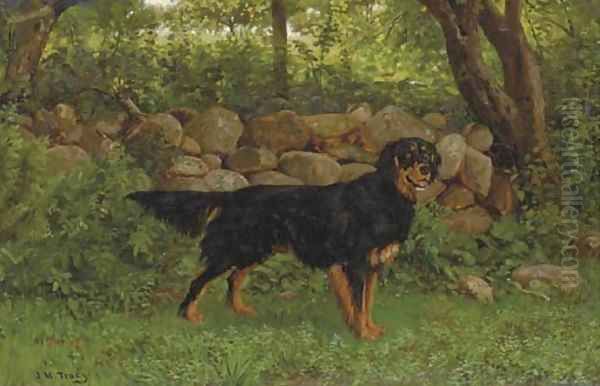 A Gordon Setter by a wood Oil Painting by John Martin Tracy