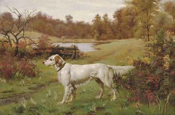 A Marbled Beauty - An English Setter in a landscape, a lake beyond Oil Painting by John Martin Tracy