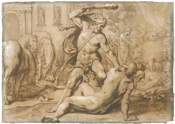 Hercules and Geryon, with the Mares of Diomedes devouring the king's body to the left and Hercules leading away the Oxen of Geryon to the right Oil Painting by Alessandro Turchi (Orbetto)